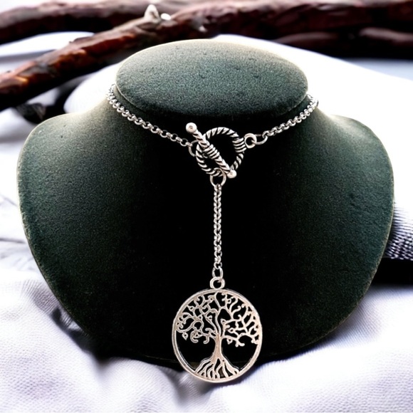 Y shape lariat necklace twisted cable round toggle clasp & tree if life charm - Picture 1 of 10